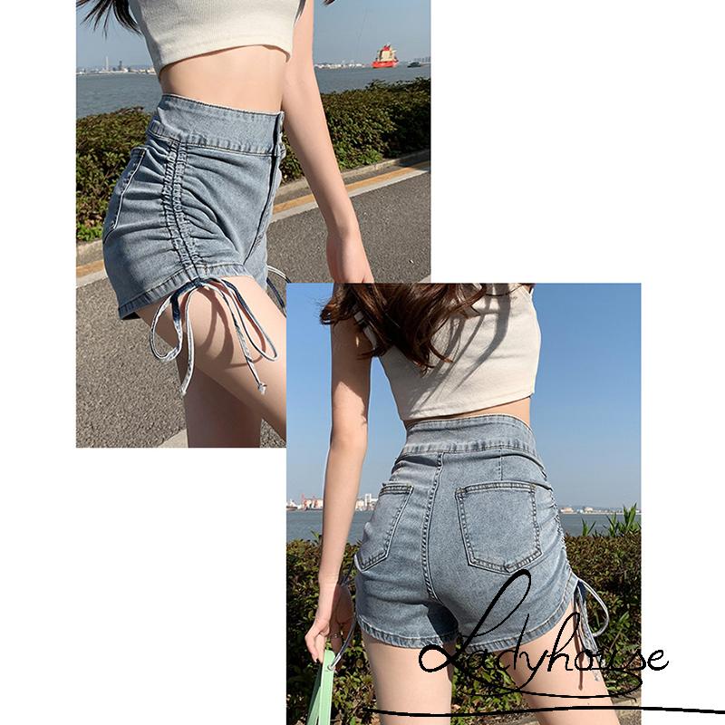 Quần Short Jean Ngắn Lưng Cao Co Giãn Phối Hai Hàng Nút Hai Bên Màu Trơn Cho Nữ