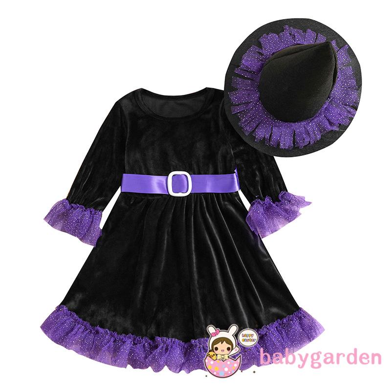 Đầm Chữ A Tay Dài Cổ Tròn Màu Sắc Tương Phản Kèm Mũ Phù Thủy Dễ Thương Cho Bé Gái 1-6 Tuổi