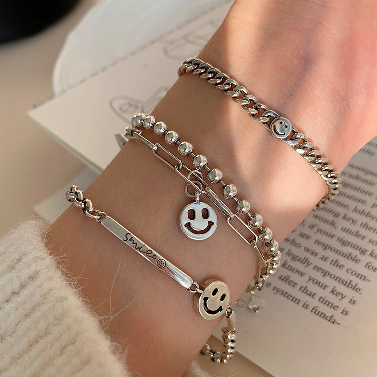 Vòng Tay Bạc Họa Tiết Mặt Cười Phong Cách Hip hop Hàn Quốc Thời Trang Cho Nữ