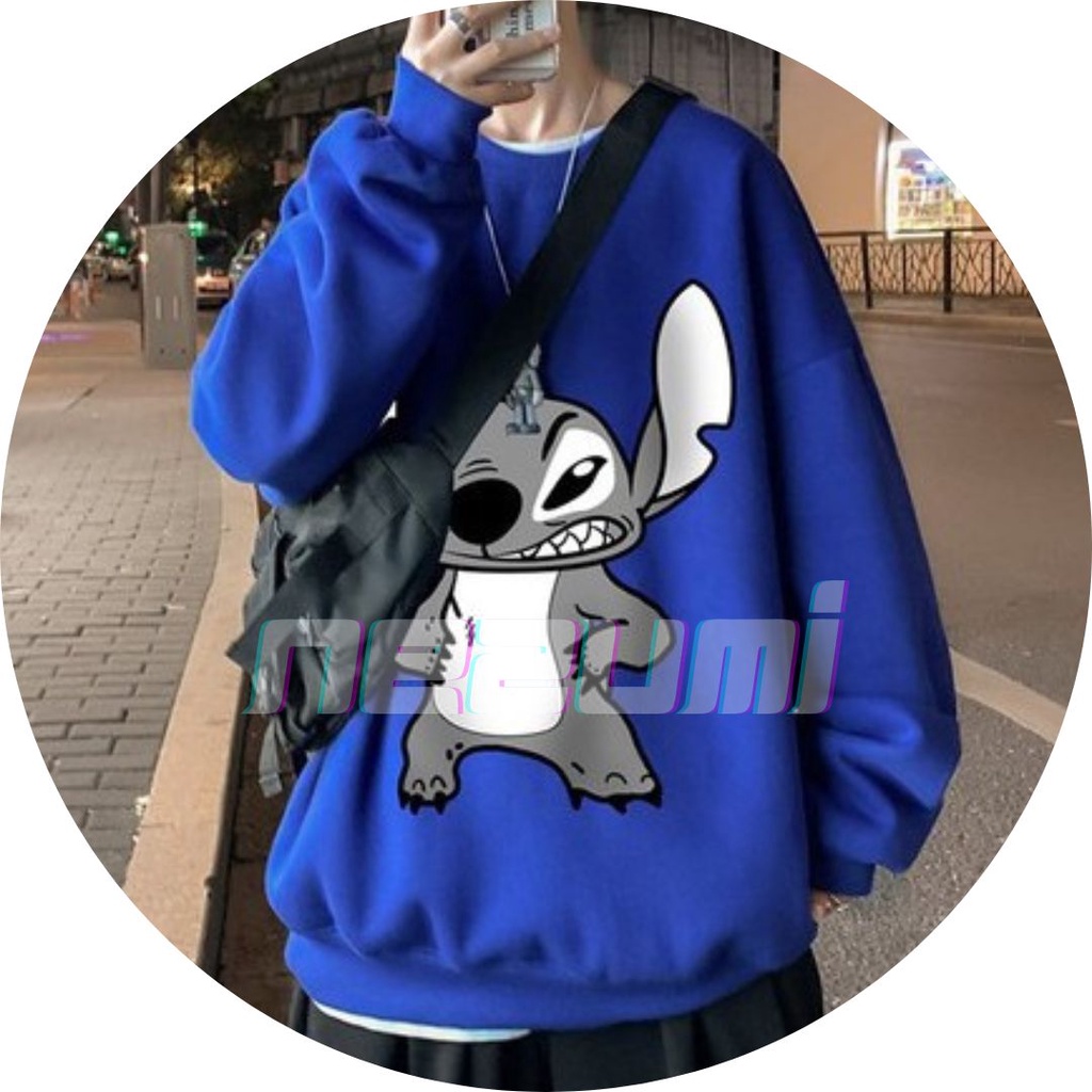 Áo sweater hoodie nỉ lót bông unisex nam nữ siêu ấm hoạt hình Stitch hip hop Châu Âu