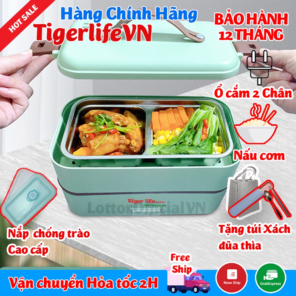 Hộp cơm cắm điện giữ nhiệt bear 2 tầng 3 ngăn đa năng nấu cơm nấu đồ ăn hâm nóng tặng túi đũa thìa