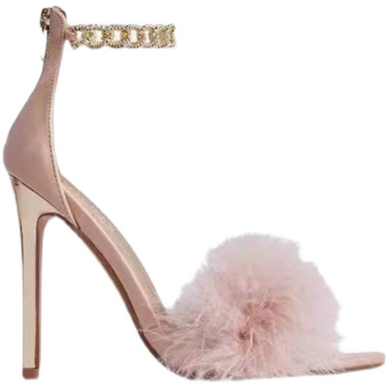 Giày cao gót nữ trang trí dây khóa xích kim loại gót mỏng thời trang 2022