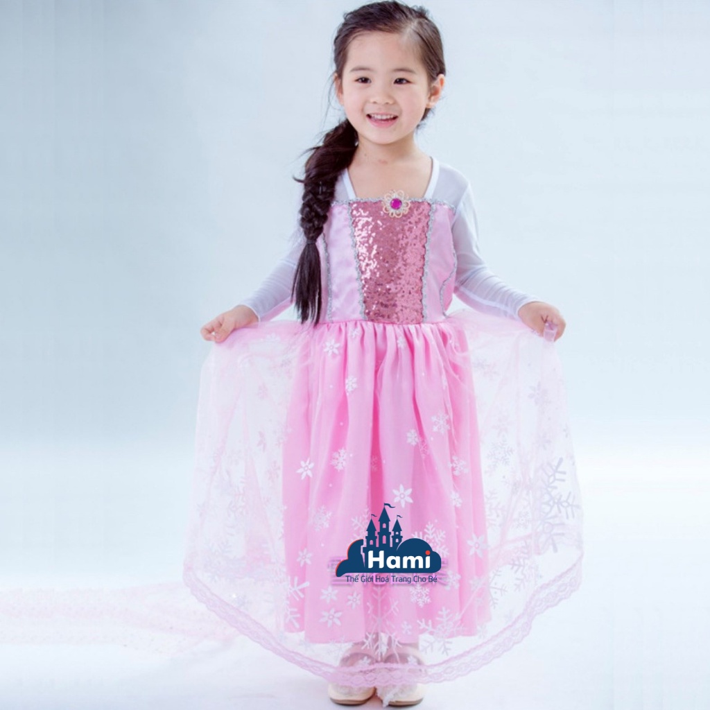 Váy elsa dài tay cho bé gái dáng dài, ngực đính kim sa, váy đính hoa tuyết trắng kèm tà rời, ảnh thật