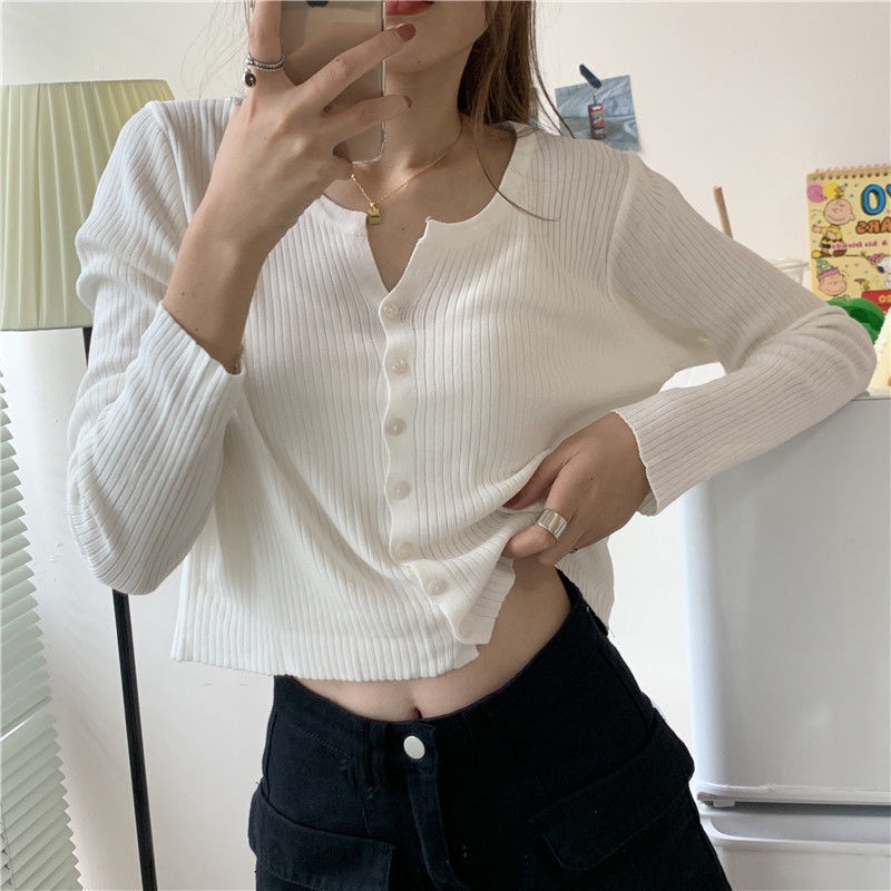 IELGY   Áo Cardigan Dệt Kim Tay Dài Phong Cách Hàn Quốc