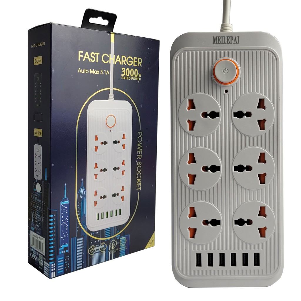 Ổ Cắm Điện Đa Năng 6 Cổng USB, Sạc Nhanh 5V-3A, Ổ Điện Chịu Tải 3000W, Tích Hợp Rơ Le Tự Ngắt, Dây Nối Dài 2.1M