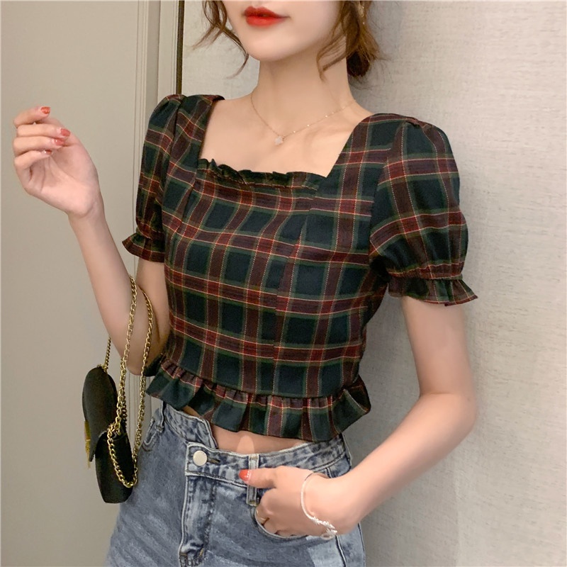 Áo Croptop Tay Phồng Họa Tiết Sọc Caro Phong Cách retro