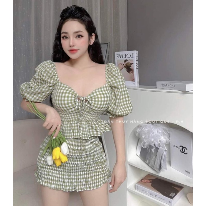 SET ÁO CARO CÓ MÚT + CHÂN VÁY NHÚN XOÈ NHẸ BIGSIZE XỊN SÒ