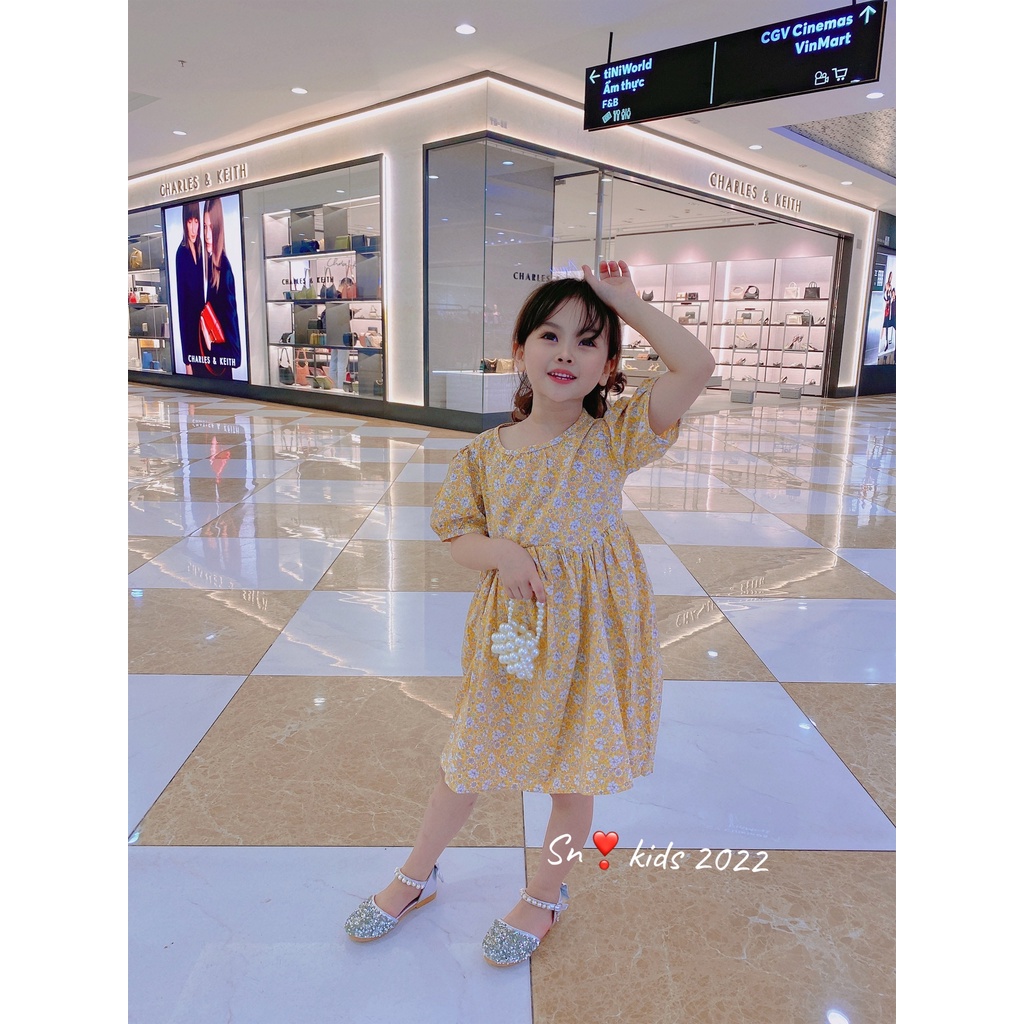 Váy hoa nhí tay bồng bé gái, váy hoa nhí thô bồng bềnh thân váy cách điệu cho bé