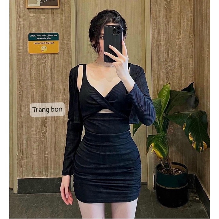 SET ĐẦM BODY HAI DÂY XOẮN NGỰC HỞ KÈM KHOÁC