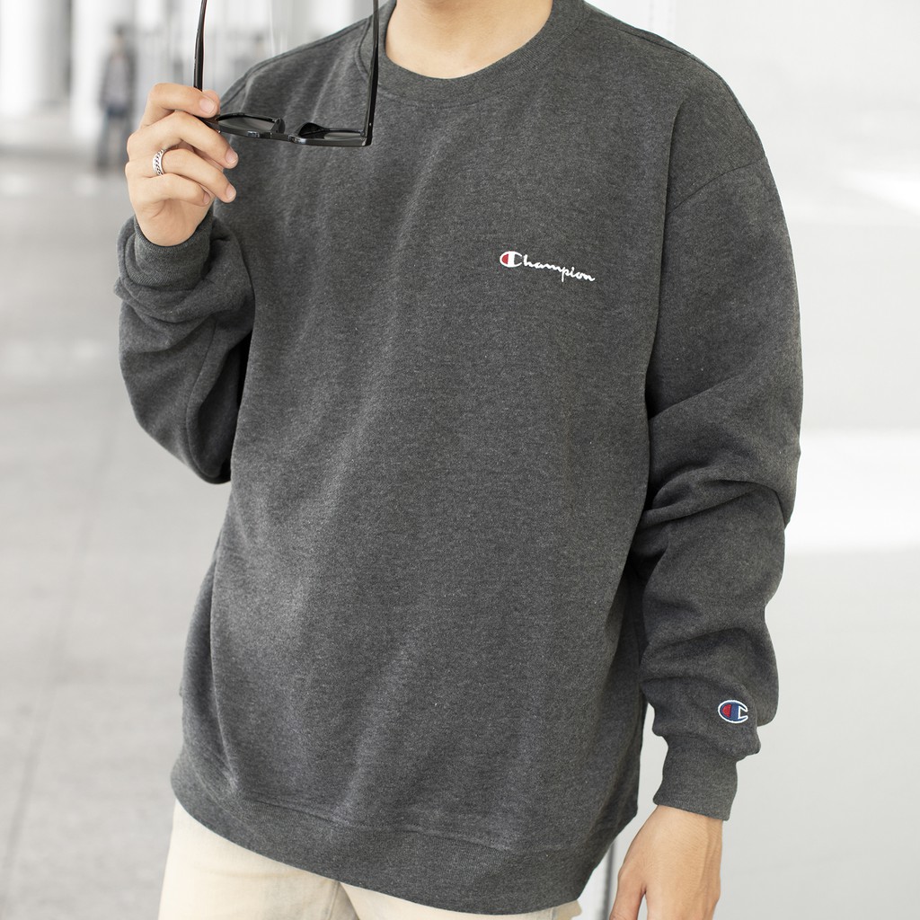 Áo Tay Dài Sweater Champion Chữ Thêu Sắc Nét Có Chất Liệu NỈ Bông Cotton Màu Xám