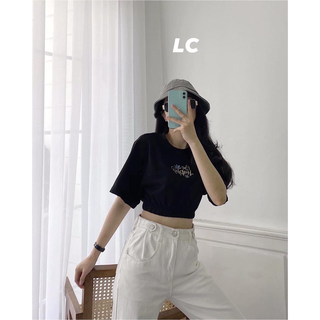 Áo Croptop Thêu Bo Chun PEONYB Nữ [FREESHIP]  Thun body cộc tay dáng ôm, phông form ngắn cổ tròn màu đen Ulzzang