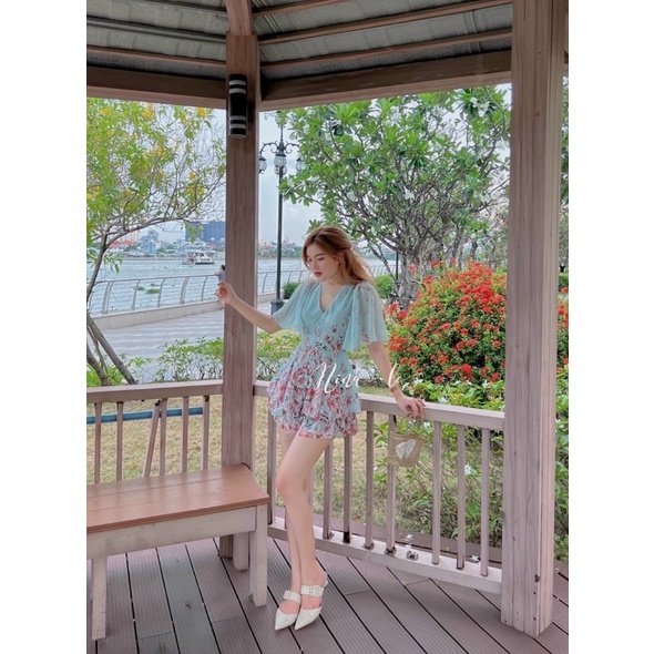 Jum Jeans Đùi Tay Ngắn Túi Hộp Dây Rút Eo