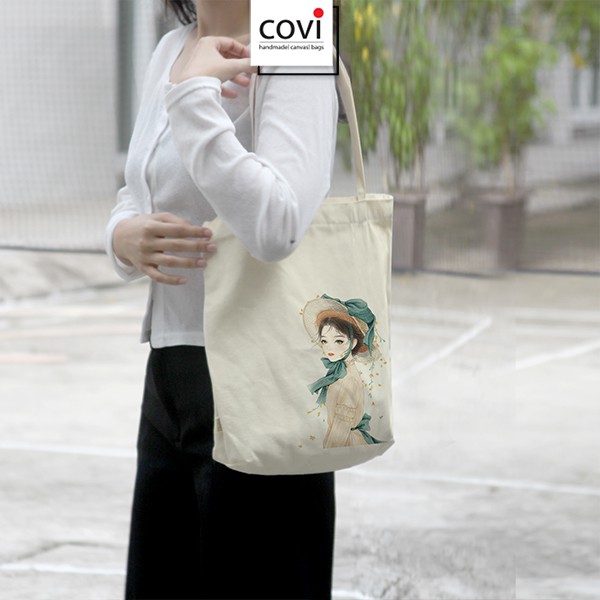 Túi tote đeo vai, túi vải canvas,vải bố Hàn Quốc thời trang COVI màu mộc T35