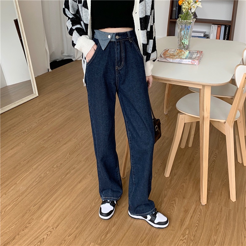 Quần jeans ống rộng lưng cao phối cạp tam giác màu xanh dương đậm thời trang cho nữ hàng loại 1
