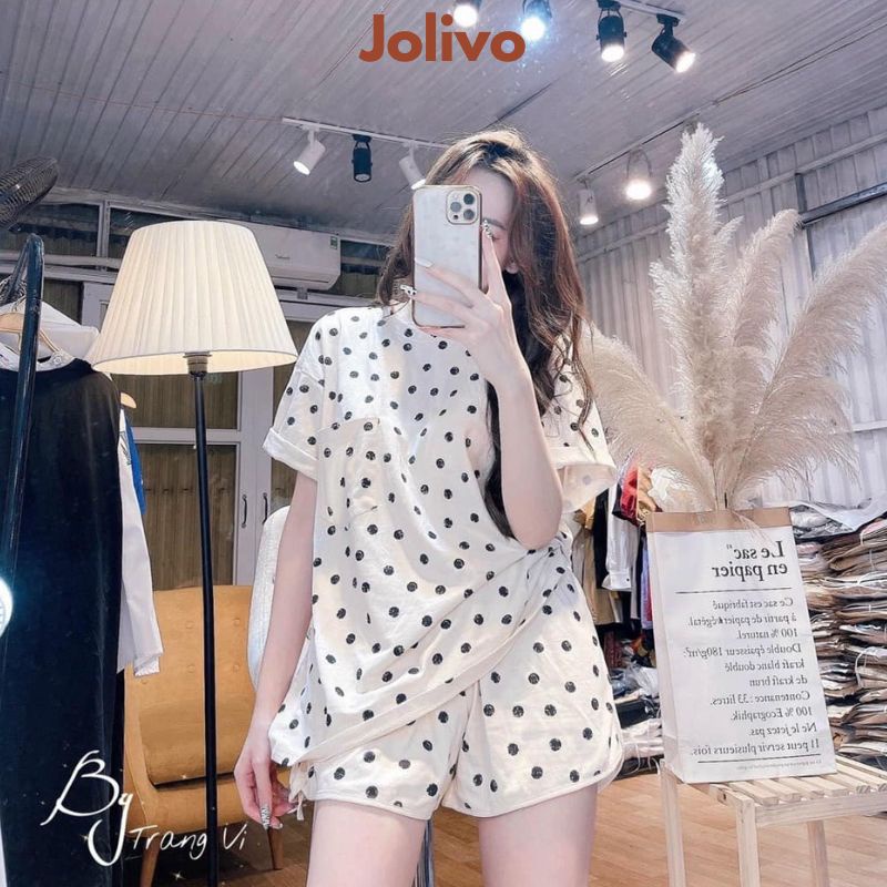 Đồ bộ nữ chấm bi áo phông kết hợp với quần chất cotton 4 chiều thoáng mát JOLIVO M3.011.M