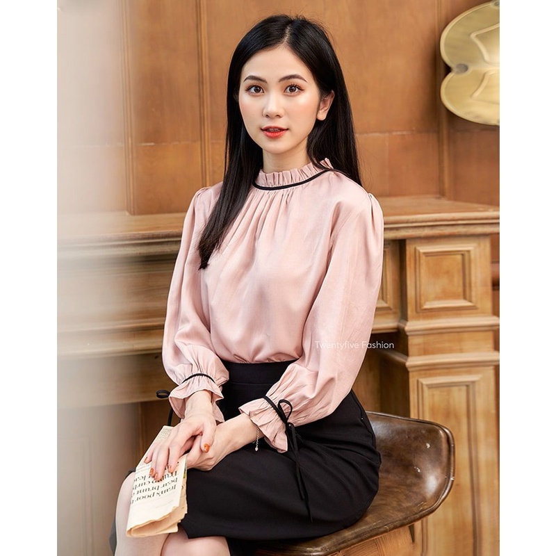 Áo sơ mi công sở nữ, áo cổ nơ bèo Twentyfive N1001