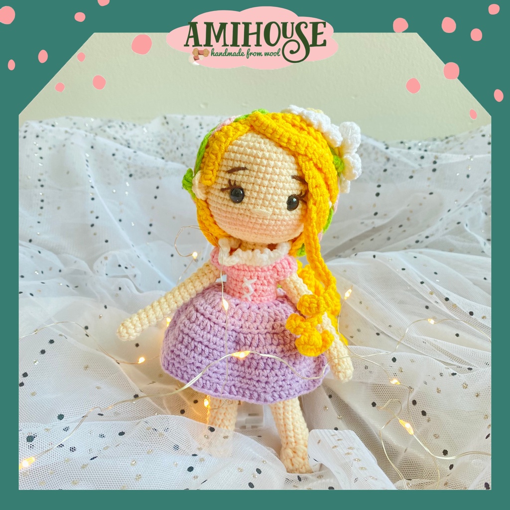 Búp bê Rapunzel bằng len móc handmade cho bé, búp bê công chúa tóc mây bằng len móc, 100% sợi cotton - Ami Hous