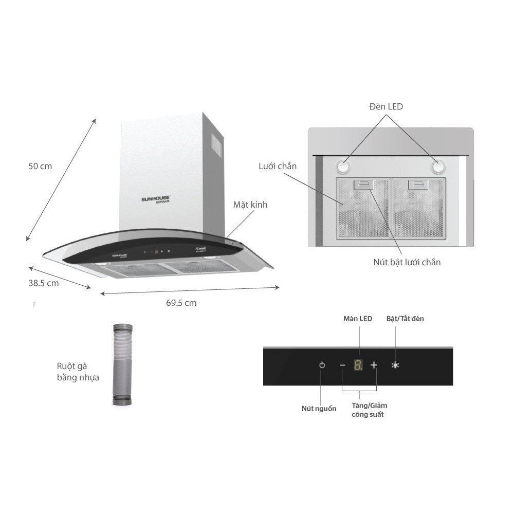 Máy hút mùi kính cong cao cấp Sunhouse MAMA MMB6682-70