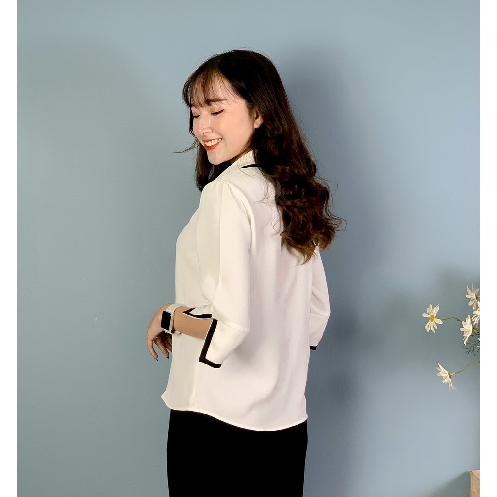 Áo Sơ Mi Nữ Viền Đen Tay Lỡ - áo công sở kiểu xinh xắn cho các nàng trong bộ sưu tâp áo nữ 2021