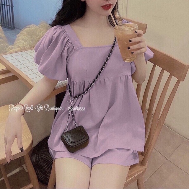 Set bộ đùi áo kiểu cổ vuông tay bồng, đồ bộ nữ mặc nhà tay ngắn hàng dưới 58kg