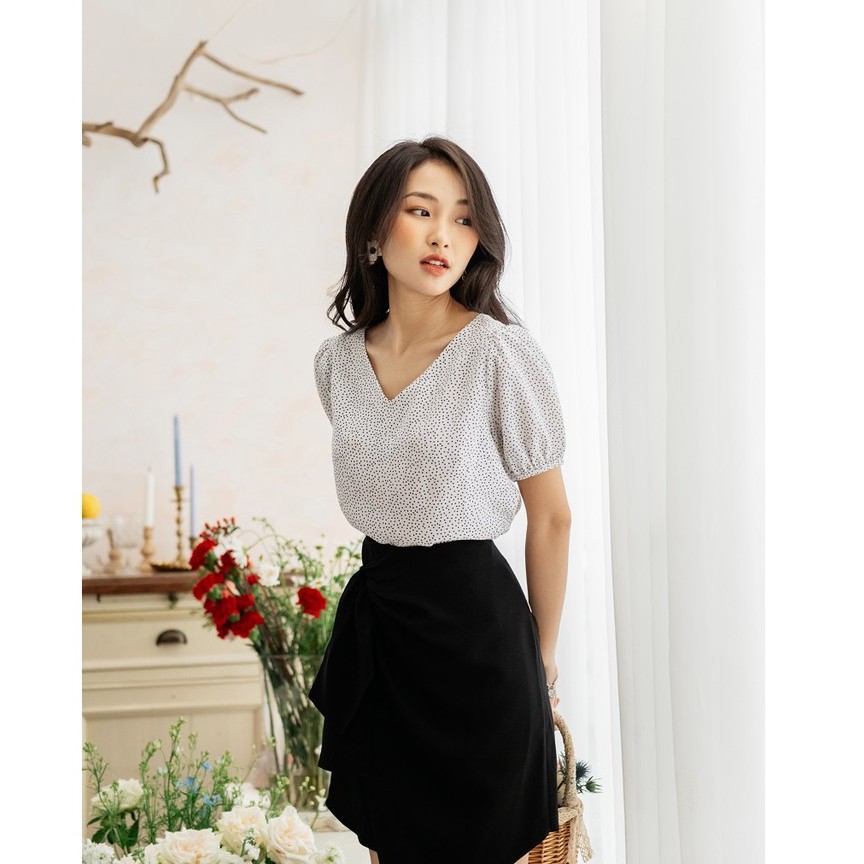 Áo nữ cổ tim chấm bi Mosohali suông buộc eo nơ thời trang công sở