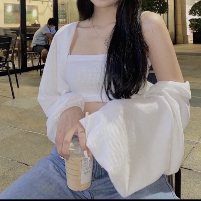 Set Quây Cardigan Thun Tăm Nữ 🎁 Nana's House - FREESHIP 🎁 Bộ áo croptop dáng ôm body kèm áo khoác ngoài tay bồng cá tính