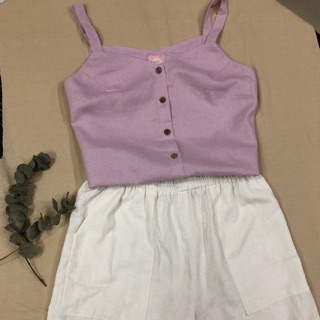 Áo hai dây linen Tím pastel cúc gỗ dừa