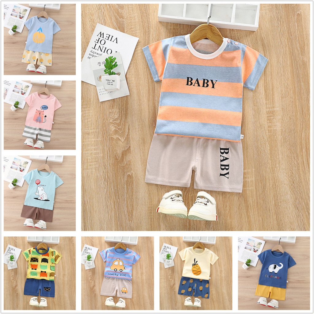 Set Đồ Mùa Hè 2 Món Gồm Áo Tay Cộc In Hoạt Hình + Quần Ngắn Cho Bé Sơ Sinh