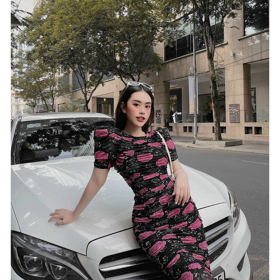 [Đầm Mới] Đầm Ôm Body Cổ Tròn Nhún Thân Họa Tiết Hoa | BigBuy360 - bigbuy360.vn