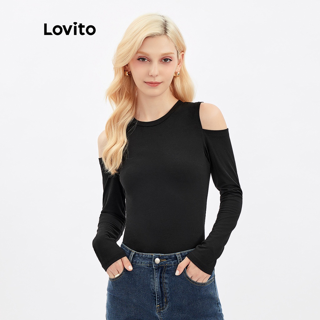 Lovito Áo thun cổ thuyền có cổ giản dị L30AD008 (Đen)