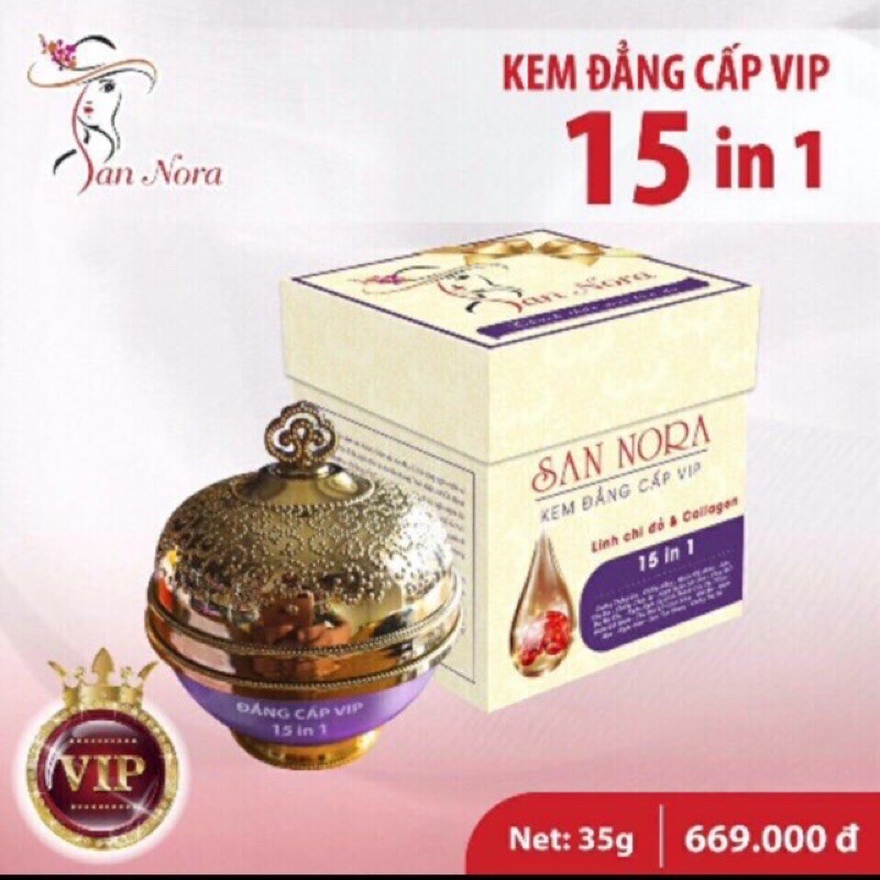 KEM DƯỠNG TRẮNG DA, CHỐNG NẮNG 15 TÁC DỤNG TINH CHẤT LINH CHI ĐỎ VÀ COLLAGEN ĐẲNG CẤP VIP SAN NORA (35G)