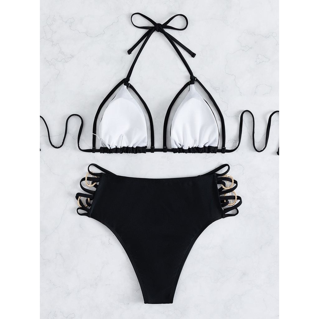 [BKN1427] &lt;ÂU&gt; SET BIKINI ĐEN MIX KHUY ĐÁ CUTOUT HÔNG (CẠP CAO)