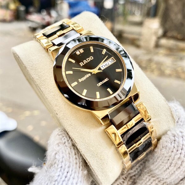 Đồng Hồ Nam Nữ RAD0 Sapphire L033 Viền Đá Đen, Dây Thép Đá Đen Máy Pin Nhật