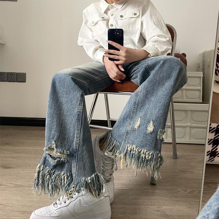 Jiashucheng Hàng Có Sẵn Quần Jean Ống Rộng Rách Gối Phong Cách Đường Phố Mùa Hè Mới Cho Nữ