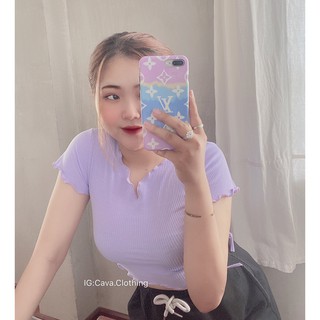 Áo croptop trơn cuốn biên phối cổ V cực xinh , chất thun gân mềm mịn
