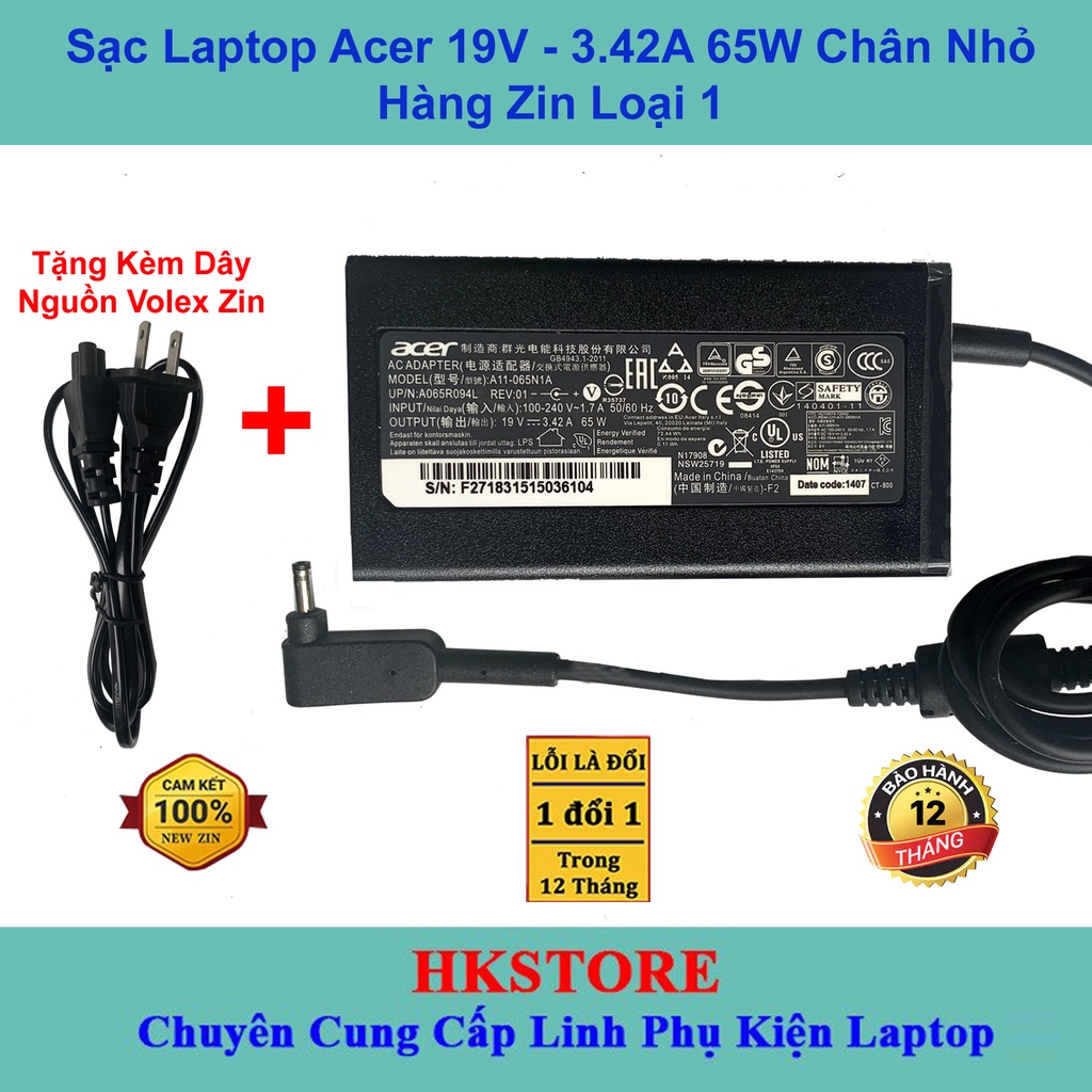 Sạc Laptop Acer 19V-3.42A 65W Chân Nhỏ  Zin Loại 1 Acer W700 S3 S5 S7 V3-331 V3-371 V3-372