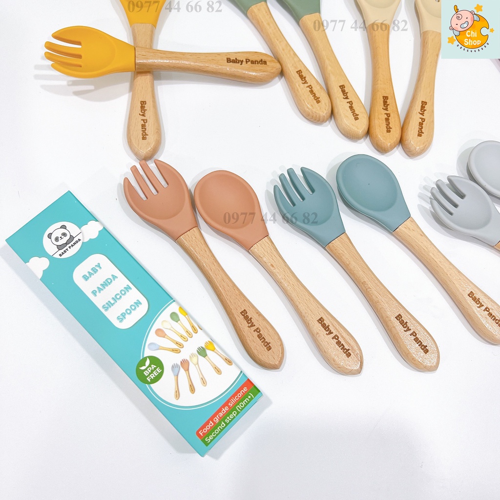 SET Thìa Dĩa Cán Gỗ Baby Panda Đầu Silicon Cho Bé