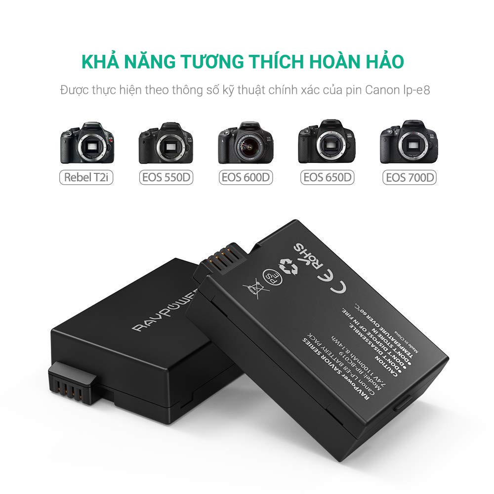 BỘ 2 PIN VÀ ĐẾ SẠC CANON LP-E8 RAVPOWER RP-BC019