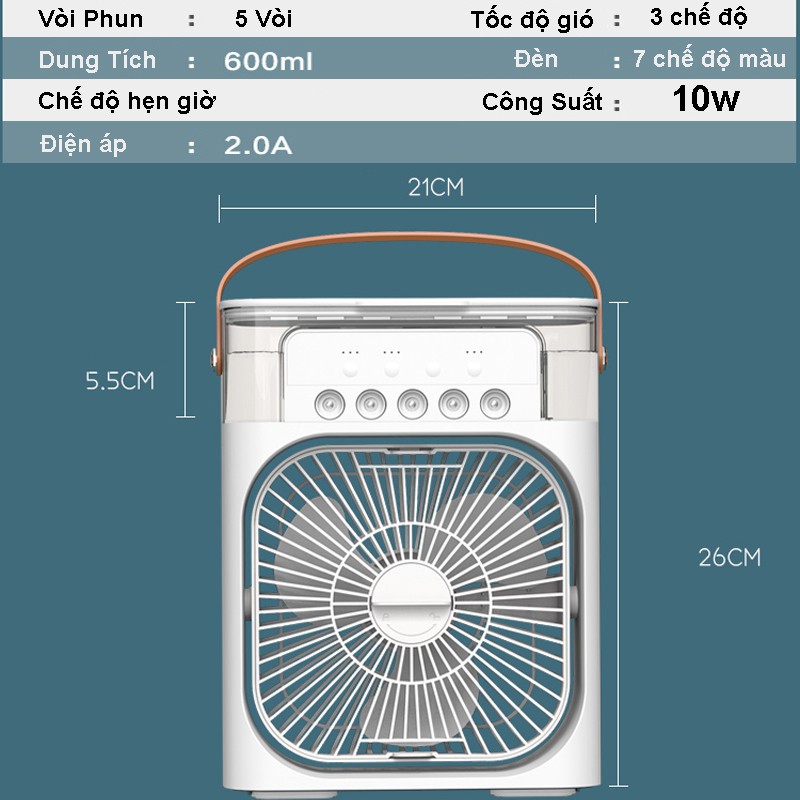 Quạt Điều Hòa Hơi Nước Để Bàn AIR COOLER FAN Với 3 Chế Độ Làm Mát, 5 Vòi Phun Sương, 7 Chế Độ Đèn LED, Dung Tích 600ml