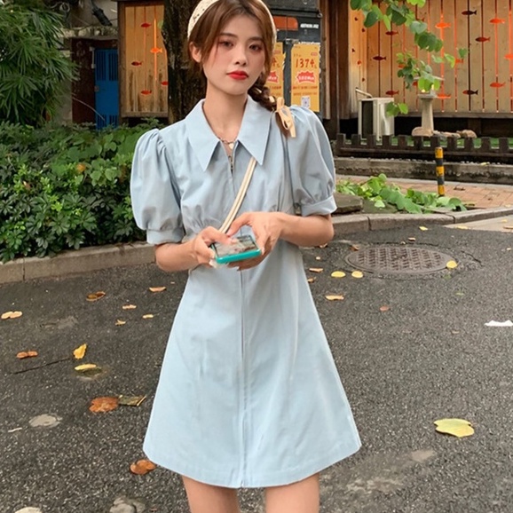 GENAISHA Đầm Tay Ngắn Cổ polo Phối Khóa Kéo Màu Hồng Thời Trang Trẻ Trung 220326