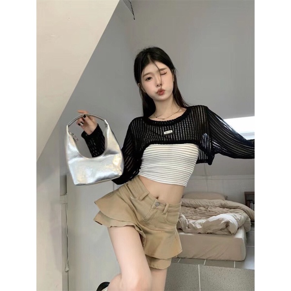 set áo dây kẻ kèm áo lưới