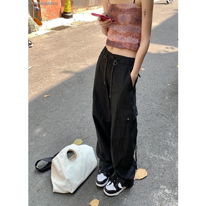 Quần Yếm Ống Rộng Lưng Cao Dây Rút Màu Đen Phong Cách Hip Hop Thời Trang Mùa Hè Cho Nữ