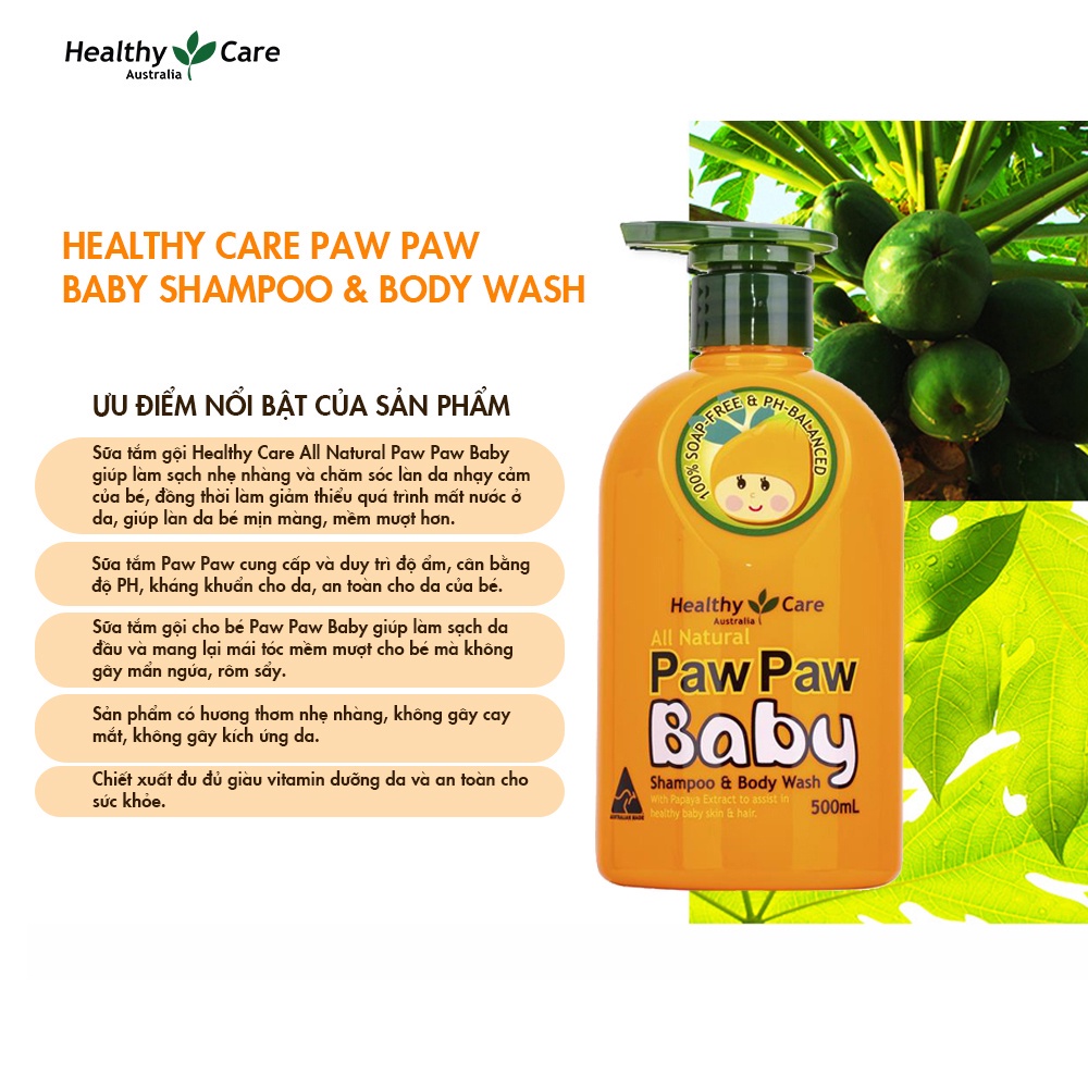 Combo 2 lọ Sữa tắm gội Healthy Care Paw Paw Baby cho bé lành tính chiết xuất đu đủ làm sạch da an toàn