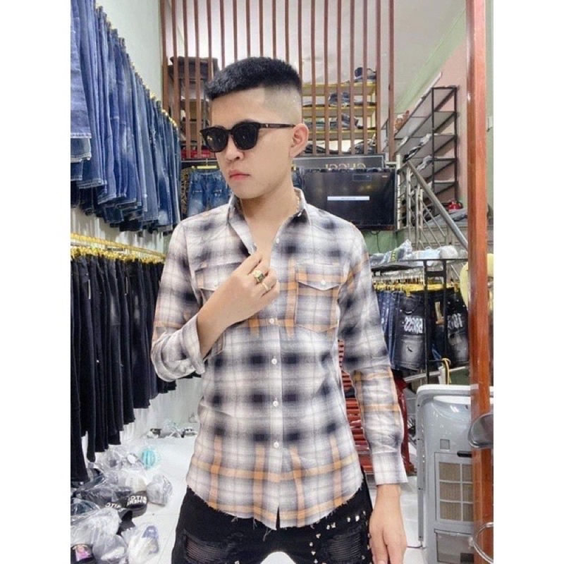 Áo sơ mi nam bbr loang màu dài tay rách gấu , chất liệu cotton không phai màu không xù lông