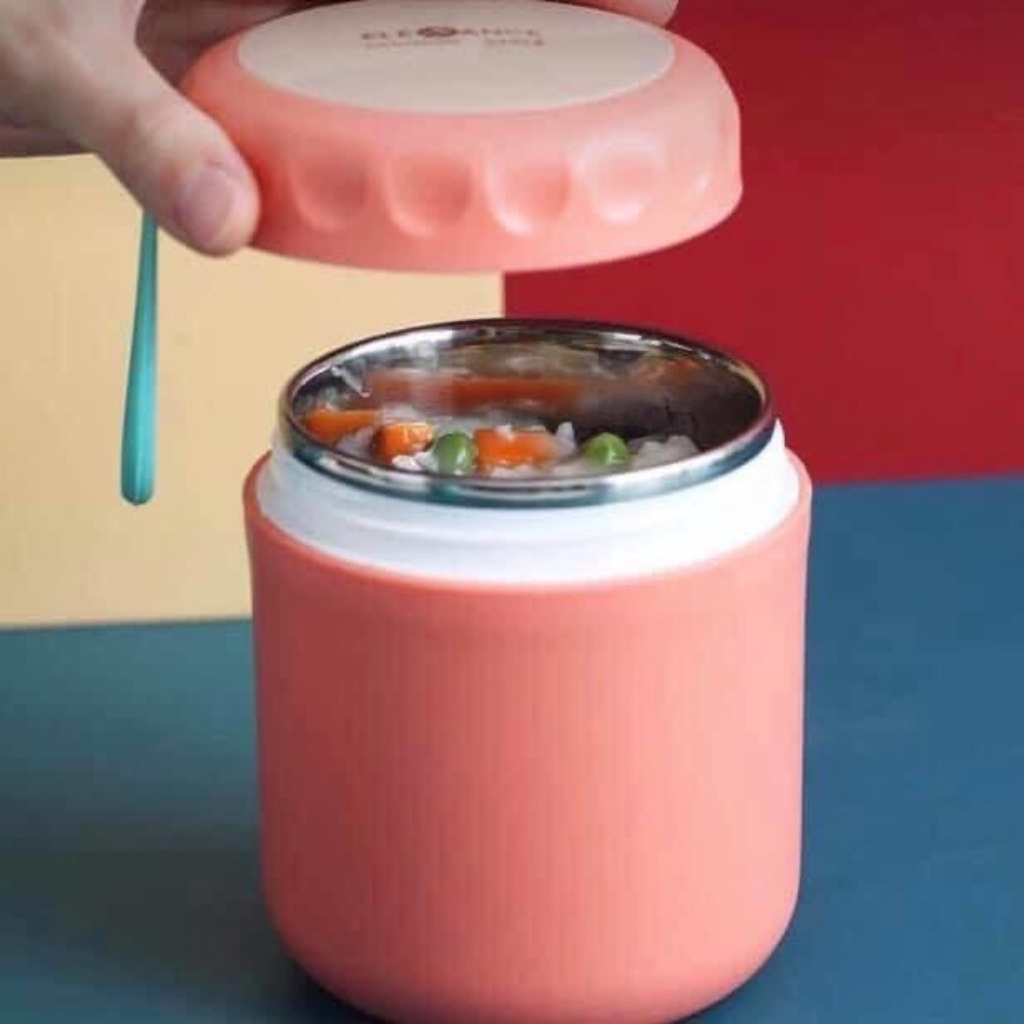 Bình ủ cháo giữ nhiệt inox - ca giữ nhiêt đựng canh elefance mini cute 430ml có quai xách tặng kèm thìa
