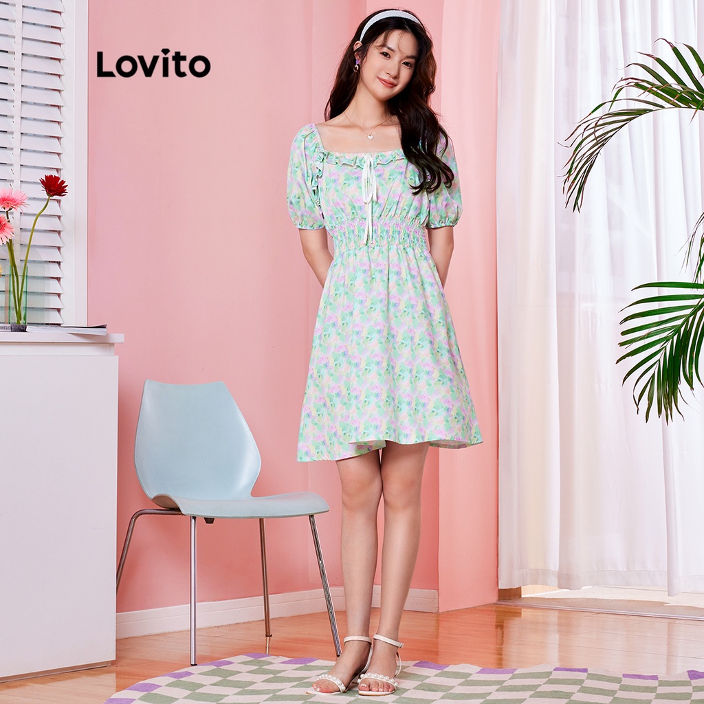 Váy (Lovito Exclusive) DOPAMINE GIRLS Floral Lace Up Xuffle Puff Sleeve Bình thường L28AE004 (Nhiều màu)