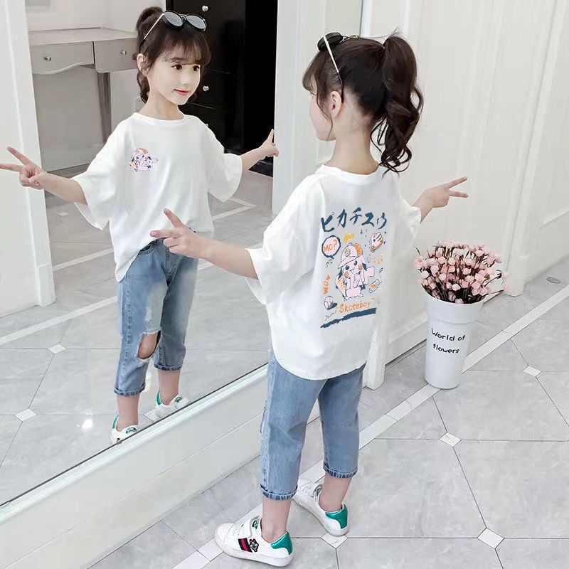 Áo Thun Tay Lỡ 100% Cotton Thời Trang Mùa Hè Phong Cách Phương Tây Kiểu Mới 2022 Cho Bé Gái