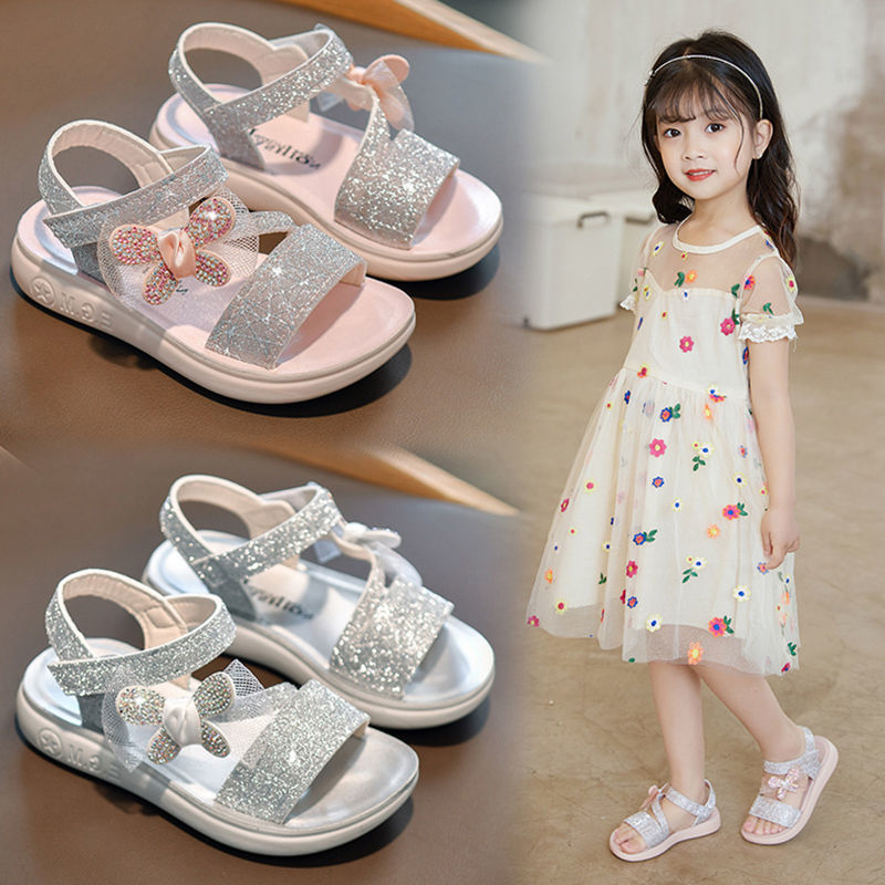 Nữ Giày Sandal Mùa Hè Mới Giày Trẻ Em Mạng Con Đỏ Đính Hạt Cườm Nơ Giày Công Chúa Cho Bé Gái Trung Và Con Lớn