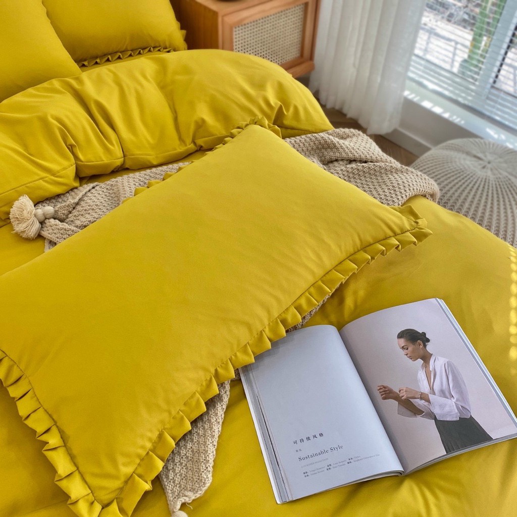 Bộ Chăn Ga Gối Cotton TICI LIDACO Bèo trơn - Vàng Nghệ