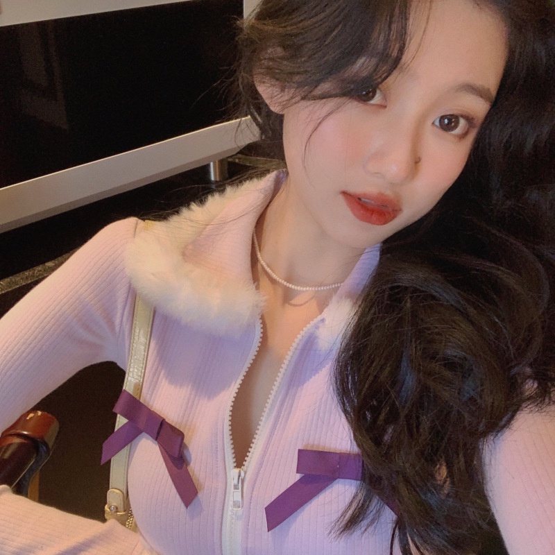 Áo lửng tay dài phối khoá kéo đính nơ dễ thương thời trang mùa đông